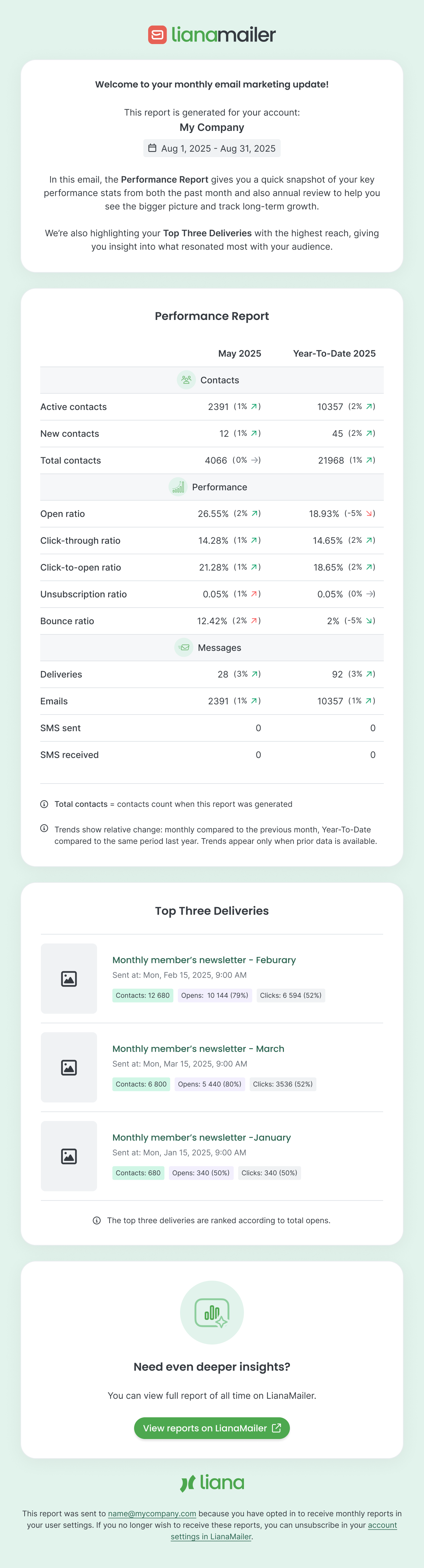 LianaMailer Monthly report example - single account