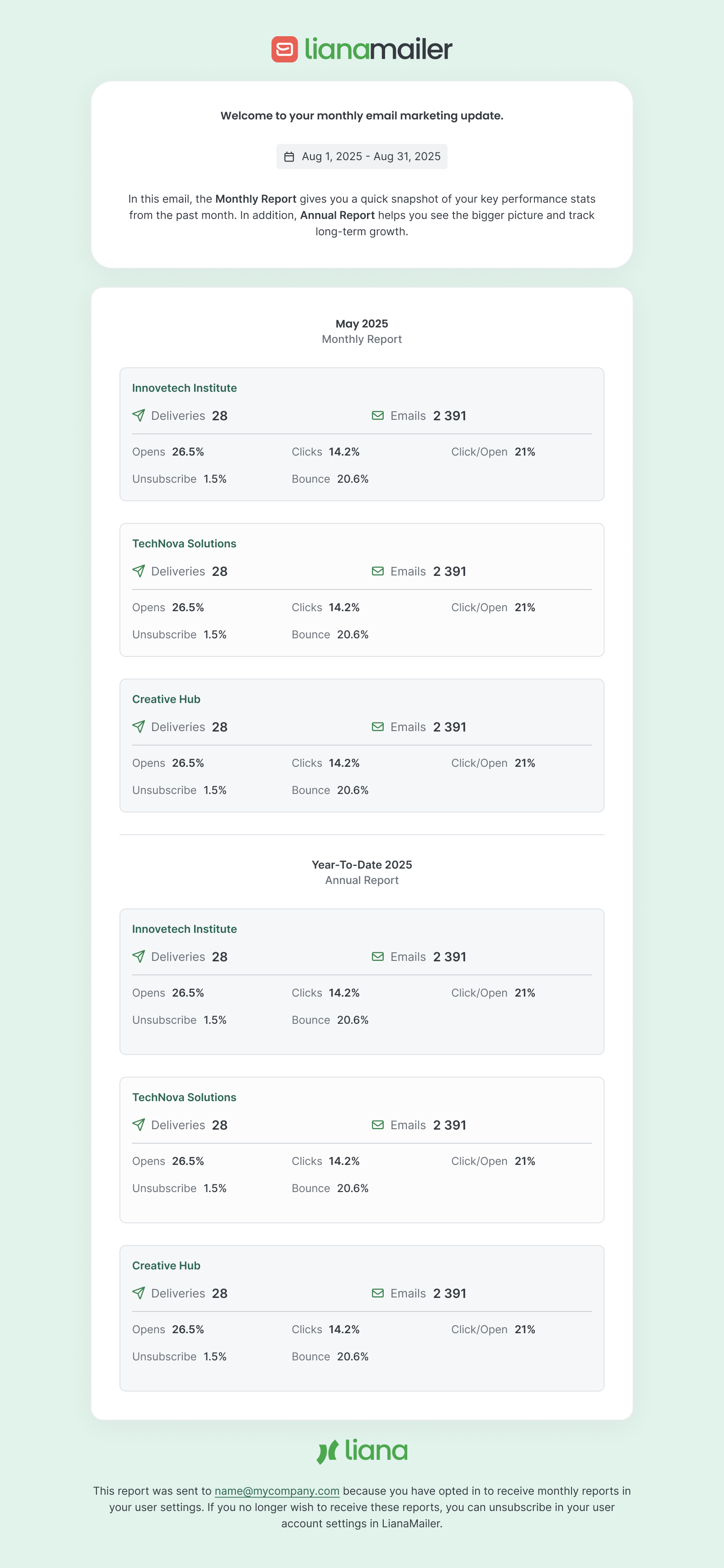 LianaMailer Monthly report example - multiple accounts summary