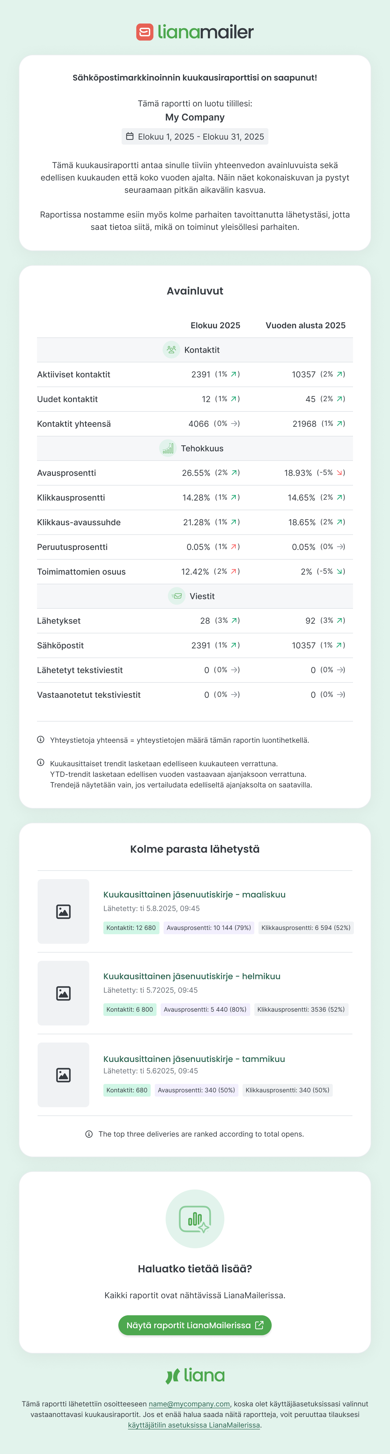 LianaMailer kuukausiraportti esimerkki - yksi tili