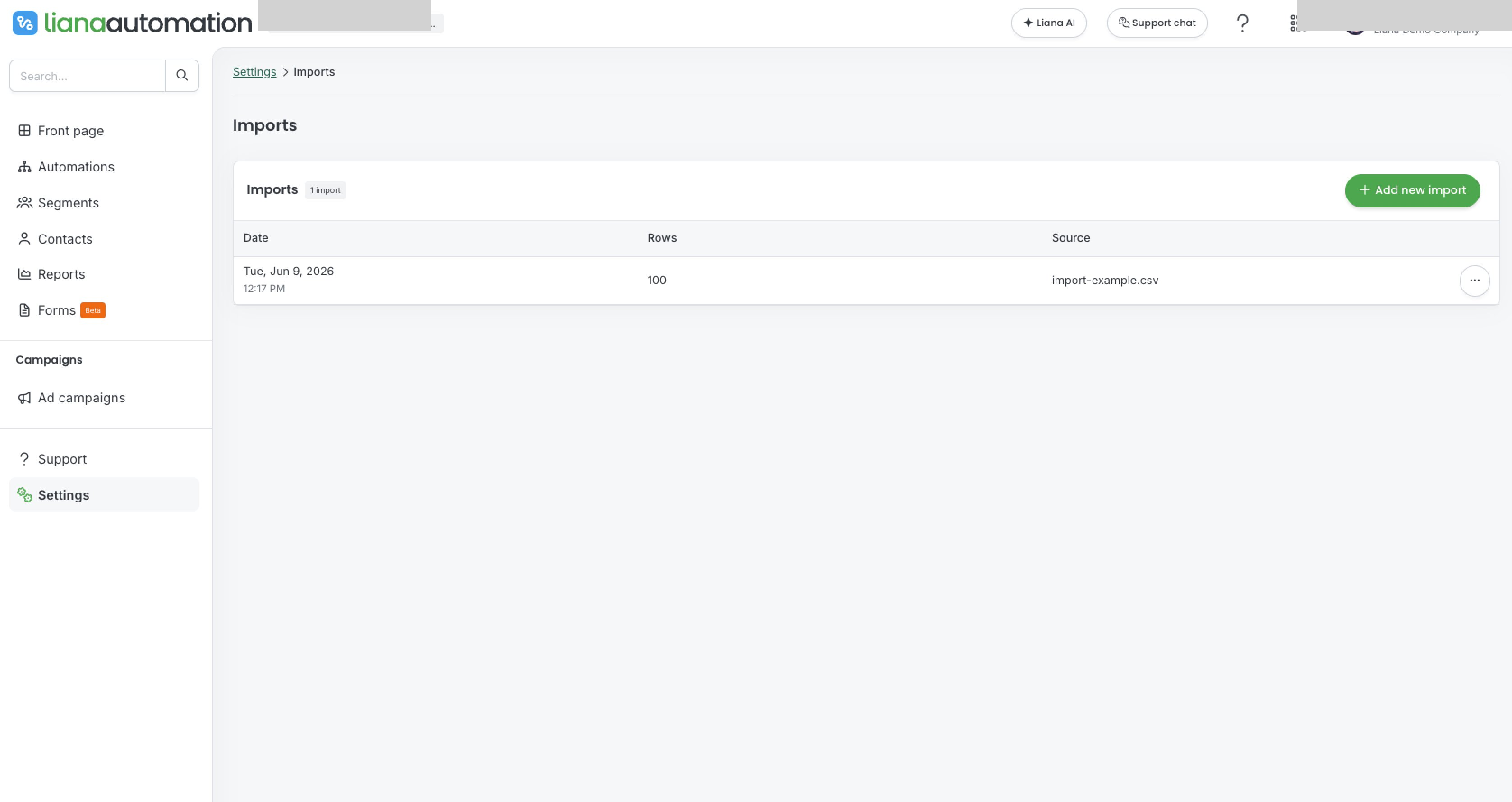 The Imports page showing the import history list with columns: Date, Rows, Source
