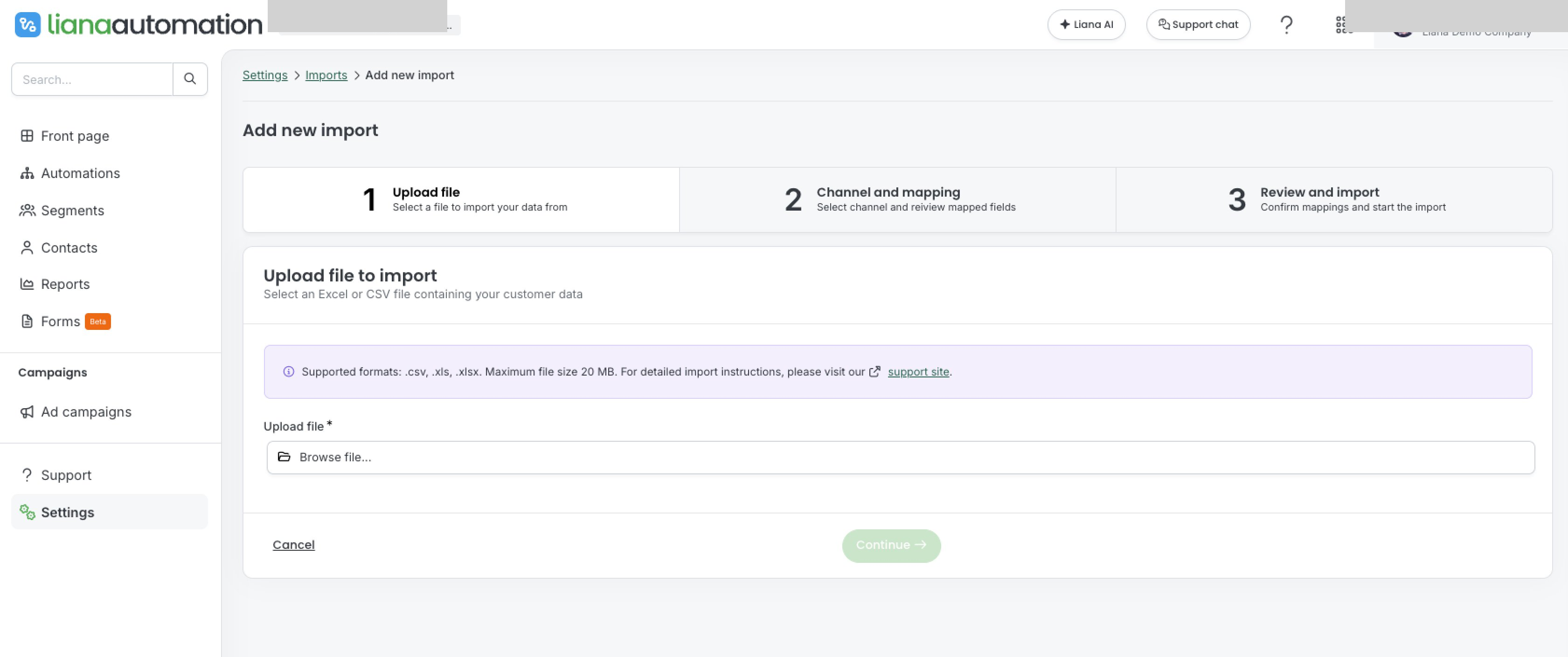 Step 1 of the wizard: "Upload file to import" screen with a Browse file button and a note about supported formats (.csv, .xls, .xlsx) and maximum file size