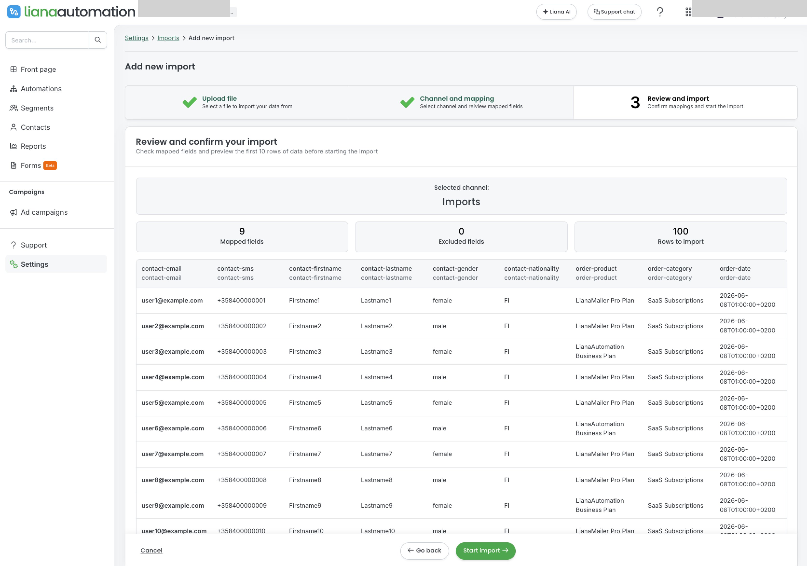Step 3 showing "Review and confirm your import" with selected channel "Imports", stats showing 9 mapped fields, 0 excluded fields, 100 rows to import, and a preview table with 10 sample rows