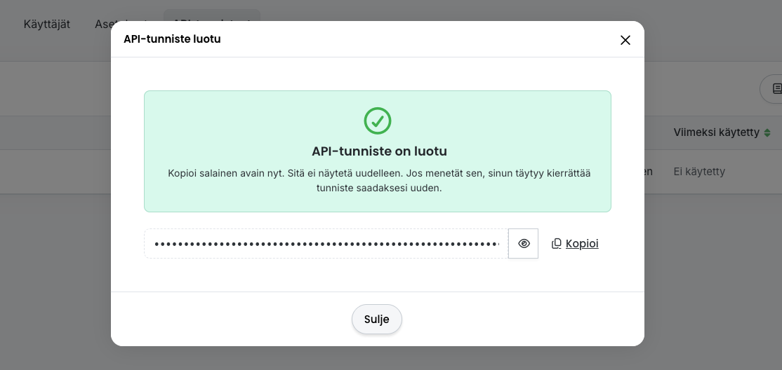 API-tunniste luotu -näkymä