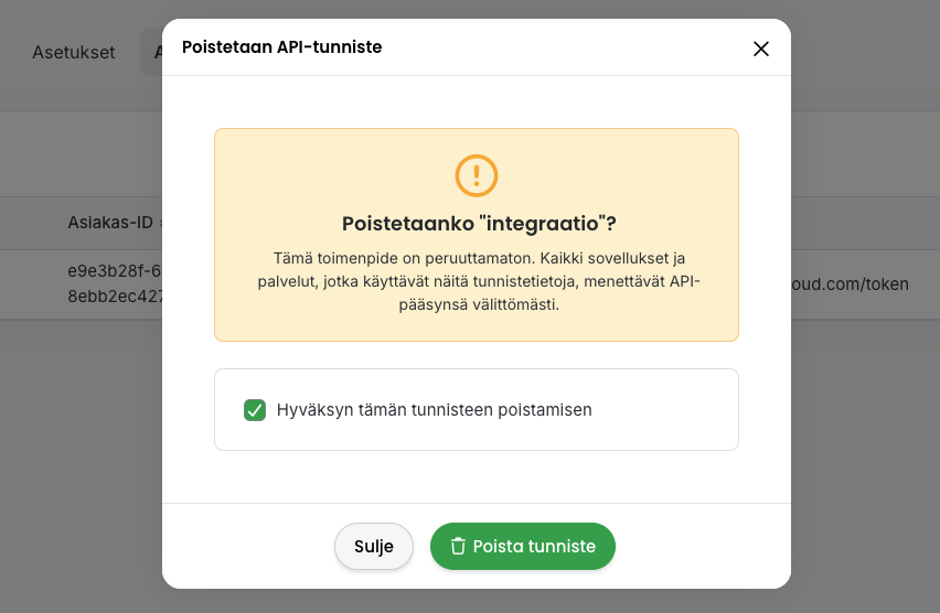 API-tunnisteen poisto