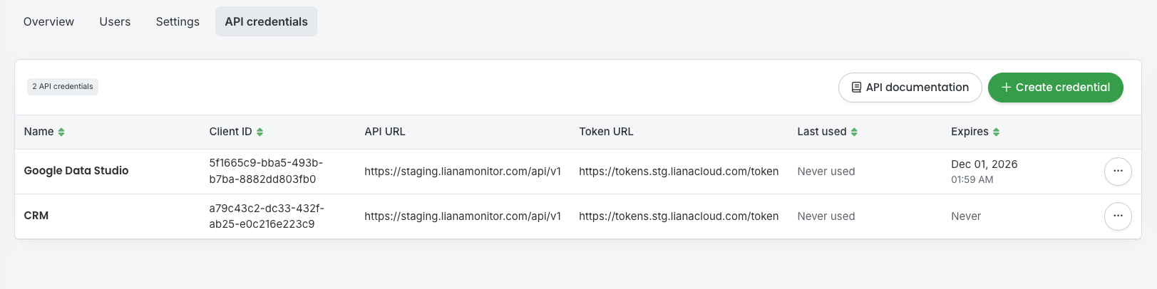 API credential tab view
