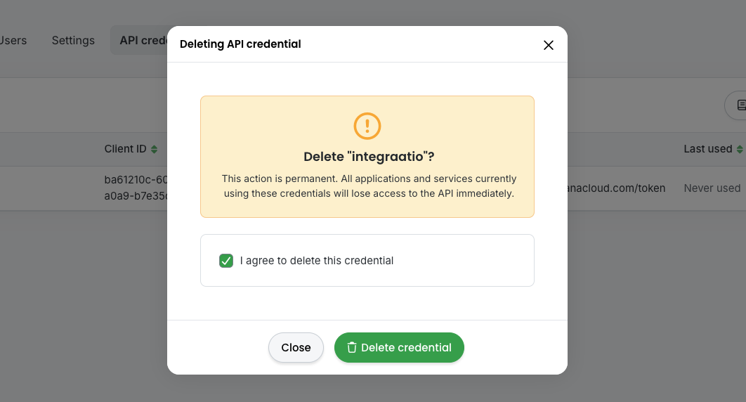 Deleting API credential