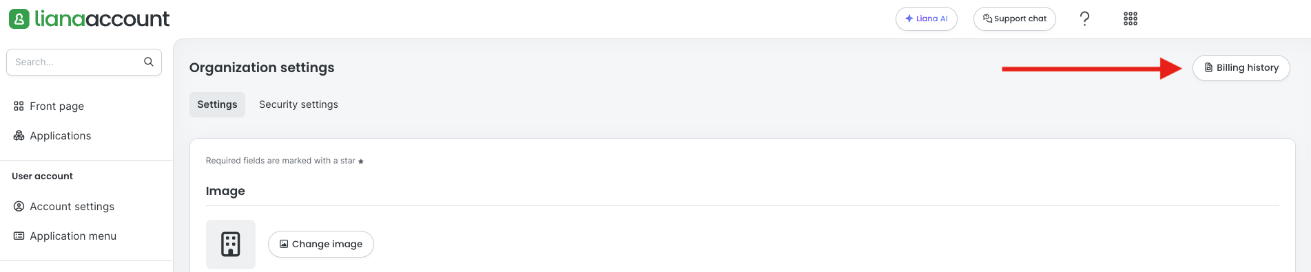 Billing history button placement in organisation settings view