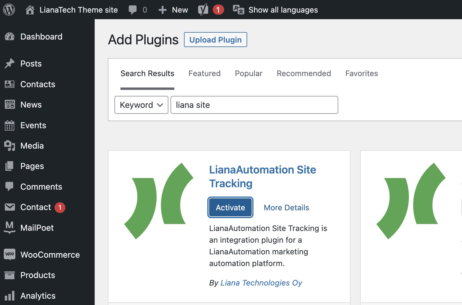 Installation of LianaAutomation Site Tracking plugin to WordPress site